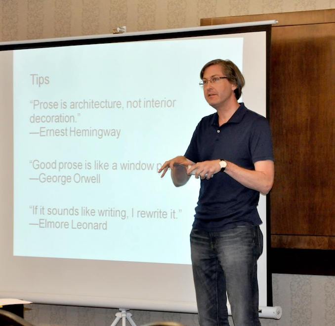 Giving a talk about story structure to local writers at the annual When Words Collide conference