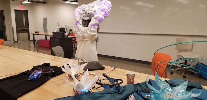 Kathryn Blair - Sept 9, 2018 - Setting up for a wearable tech demo at a University of Calgary Alumni Weekend event. Got to talk to a bunch of young people about making wacky things, and I also snagged some waffles.