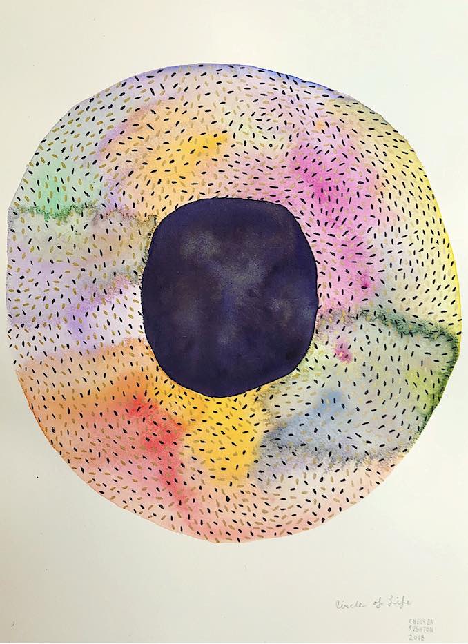  An exploration of the meaning of life and death in colour: Circle of Life, gouache and graphite on paper, 12" x 9", 2018.