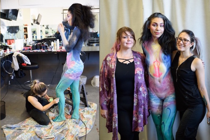 Behind the scenes of my body painting final, next to a photo of me standing with my model and my mentor. Location: One Beauty Academy. Credits: Hair, Makeup & Body Art by Jessica Mercury; Photography by Rick Hand; Model: Angie Boyle; Mentor: Angie Spa Makeup