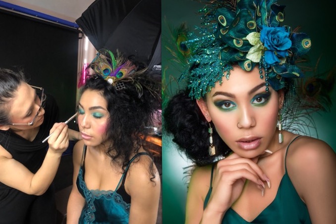 Behind the scenes of a peacock editorial shoot, and a sample of the finished product. Location: Emelia Kim Creative Studio. Credits: Hair & Makeup Art by Jessica Mercury; Photography by Emelia Kim Creative; Makeup Assistant: Laura Claudine Mailhot; Headpiece by Belles Bonnet Bridal; Model: Angie Boyle