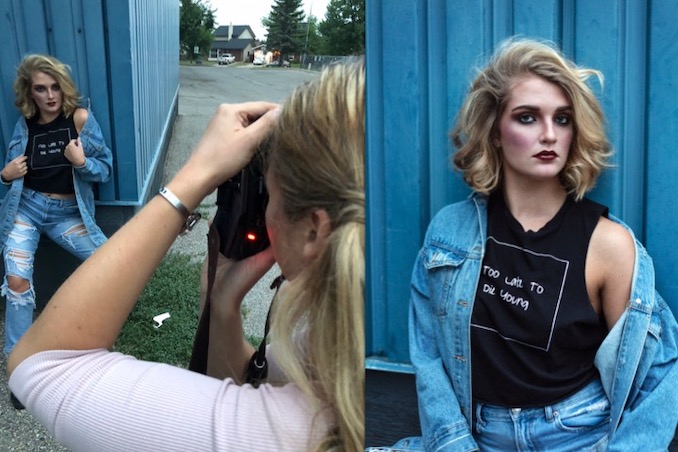 Behind the scenes of a portfolio development grunge shoot, next to a sample of the finished product. Credits: Hair & Makeup Art by Jessica Mercury; Photography by Toi et Moi Photography; Model: Elly Mae Watt