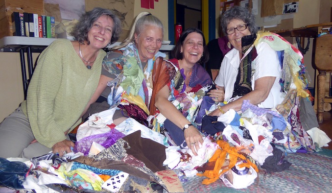 Surrounded in cloth dreams of the Dream Scroll with my Gestare Art Collective sisters, (R-L) me with Cindy Lou Griffith, Nané Jordan and Medwyn McConachy