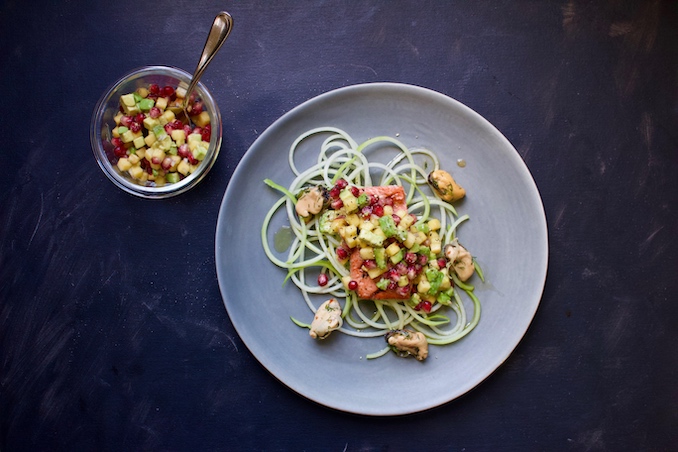 A recipe for Grilled Salmon with Chayote Noodles, Marinated Mussels & Tropical Salsa by local Calgary Chef Alex Edmonson.