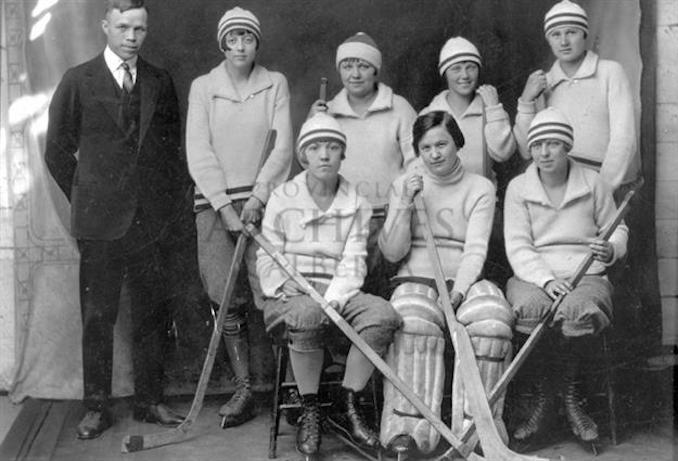 1921 - A4647 - women's team in Olds, Alberta. L - R - back - Coach?, Aileen Duff, Maybert Hall, Violet Gilbertson, Alice Bentz Sitting - Isabell Whitelock, Lily Campbell, Gladys Frost