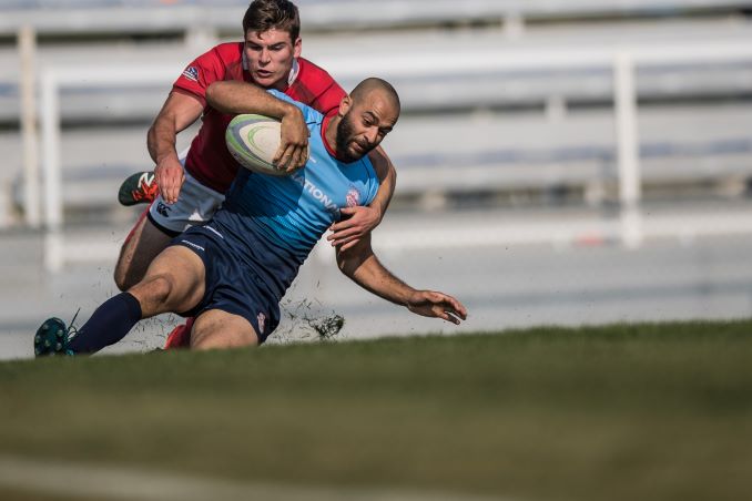 Mosam Mobarak scores a try for Calgary Canucks against Strathcona Druids at Calgary Rugby Park on August 12, 2017. Part of The Calgary Canucks: fifty years of rugby, published in 2019. © J. Ashley Nixon