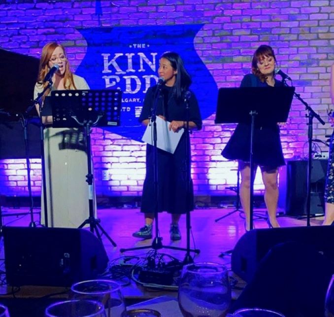 Caitlynne Medrek, Allison Lynch and Selina Wong singing for Theatre Calgary at the historic King Eddy