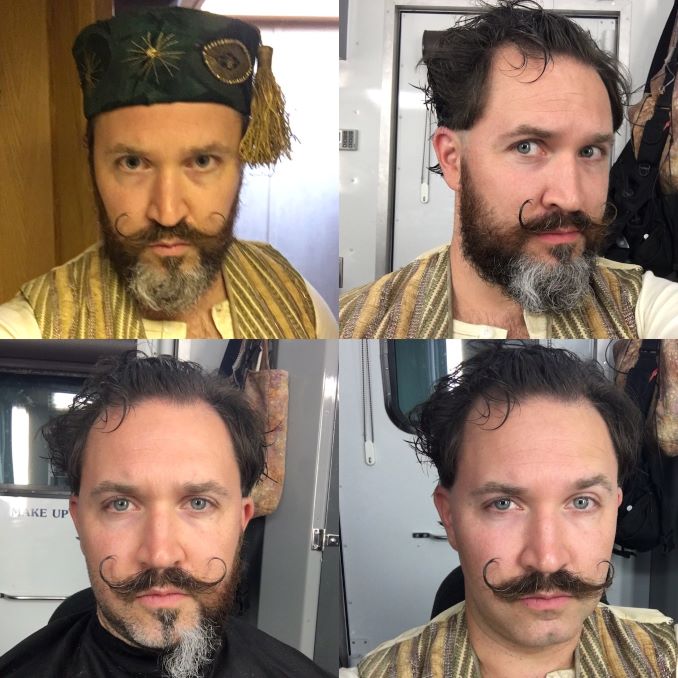 Hair and costume collage for his speaking role on Damnation (on Netflix) as a carny ride operator who helps the shows lead character.