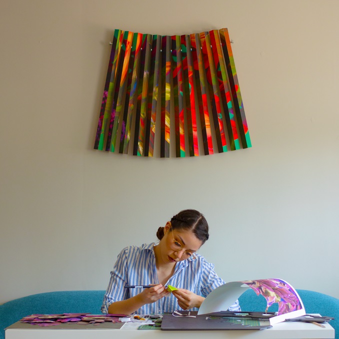 Maria Munar During the quarantine my couch became my work station! Because I had limited space to work with I scaled down to working with intricate paper cutting and explored new ways to create collage.