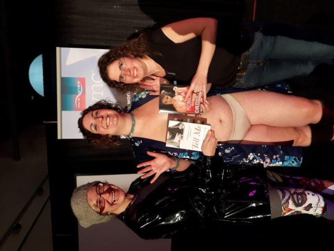 With M Jane Colette and Naked Girls Reading (now Bare Book Club YYC) organizer Keely Kamikaze at a reading of Midnight at the Orpheus in 2017. (photo by Anthony Bennett)