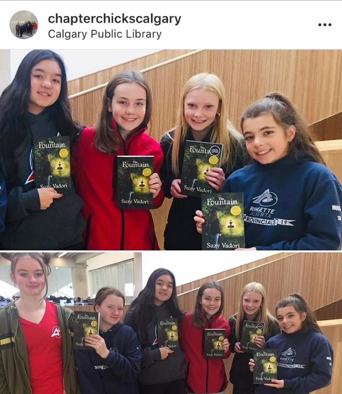 Chapter Chicks Calgary Book Club contacted Suzy Vadori to tell her how much they enjoyed Book 1 in her series, The Fountain. This is a subset of the Chapter Chicks members, meeting at The Calgary Public Library. Members from left to right (bottom photo), Julia Paulgaard, Megan Sterchi, Mary Yang, Dani Falconer, Kaisa Curran, Saedrie Hussein.  