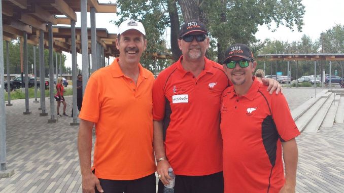 Jamie McCoun (left), Colin Patterson and Theo Fleury (right). They all played together on the Calgary Flames. The Breaking Free Foundation Victor Walk in Calgary, 2018.