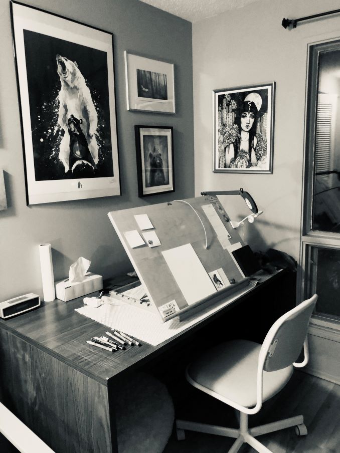 This is my little art room! I have a ton of my favourite artists' pieces hanging all over the walls. They give me inspiration, and make me happy.