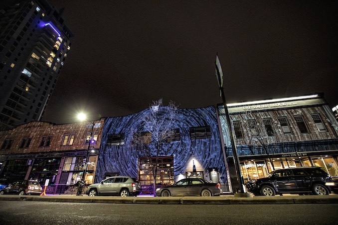 AZMA - Installation detail of Gravitation, Calgary’s longest large-scale projection-mapped project to date. Photo by Emily Promise Allison, 2020.