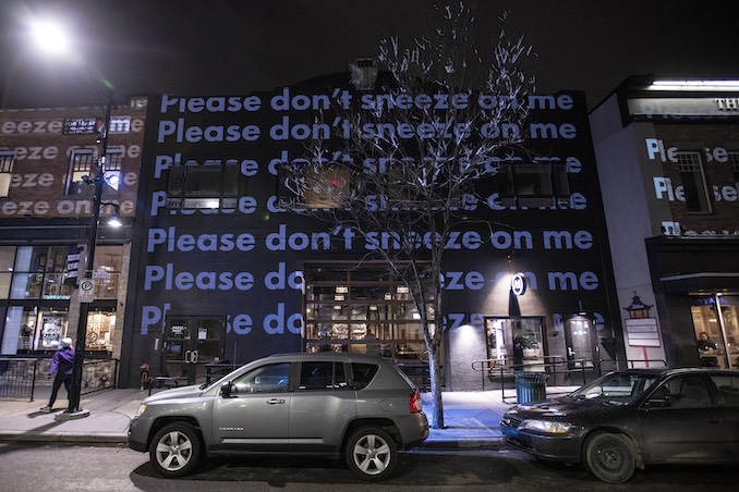 Installation detail of Gravitation, Calgary’s longest large-scale projection-mapped project to date. Photo by Emily Promise Allison, 2020. 