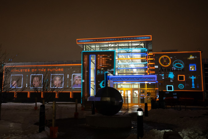 AZMA was invited by the City of Airdrie and the 2020 Alberta Winter Games to light up the opening ceremonies event with two large-scale, interactive projection-mapping experiences based on the theme Focus On The Future, photo by Emma Kendall, 2020.