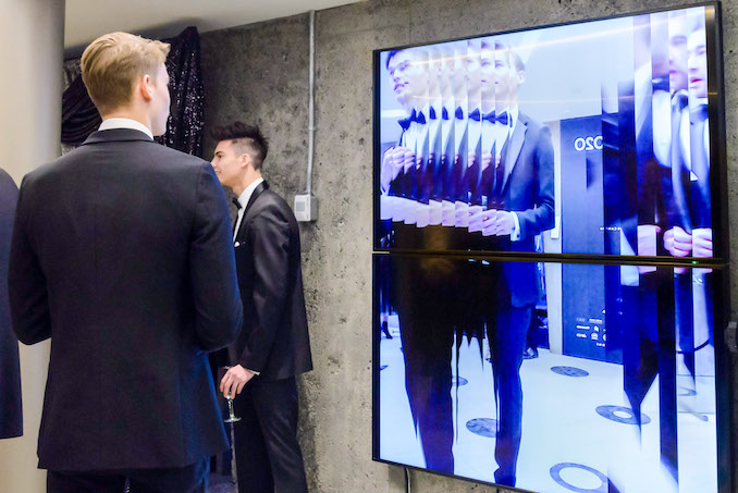 Installation detail of interactive digital mirror, Blurred Vision. The mirror divides the self over time and space questioning ideas of self image and representation in our unpredictable digital era. For Contemporary Calgary’s LOOK GALA, photo by Chelsea Yang-Smith, 2020.