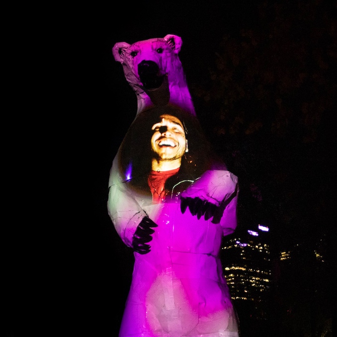 Longview Polar Bear, Sculpture by Don Kennell, heartbeat activated interactive projection mapping by AZMA. Beakerhead 2019. Photo by AZMA, 2019. 