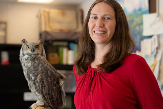 Bree Jones, Executive Director of The Calgary Wildlife Rehabilitation Society, and Ophelia, our resident Great Horned Owl 