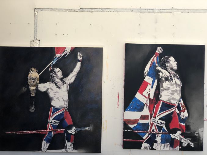 Two portraits Kim did of Davey Boy Smith, who trained in Calgary. He was part of the tag team The British Bulldogs with Dynamite Kid, also a Stampede wrestler.