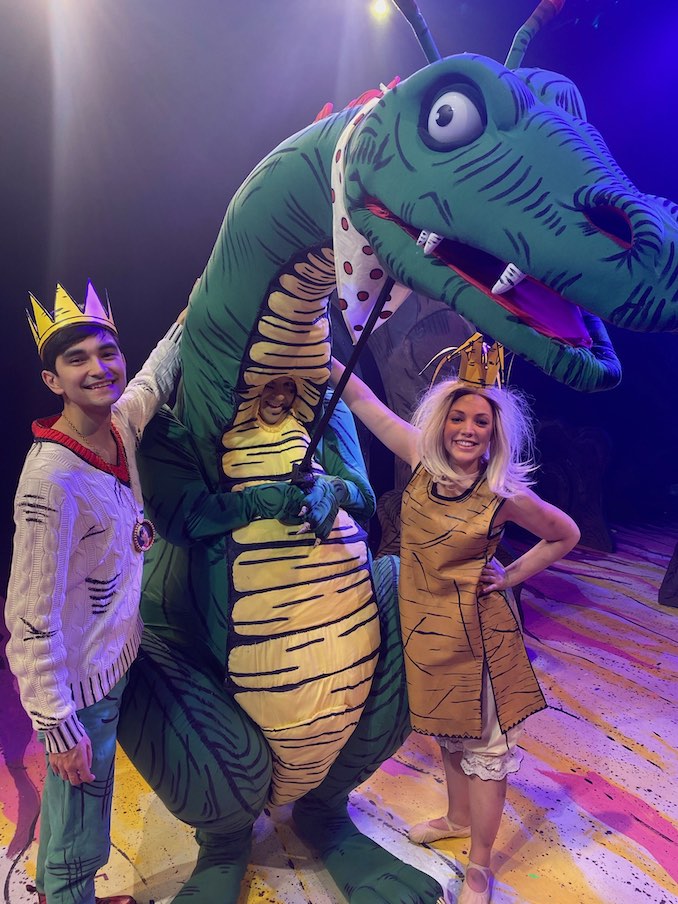 Jillian Bauer (Princess Elizabeth), Daniel Fong (Prince Ronald) and Steve Morton (Mr. Dragon) wrapping up production on the Paper Bag Princess, the Musical with Storybook Theatre.