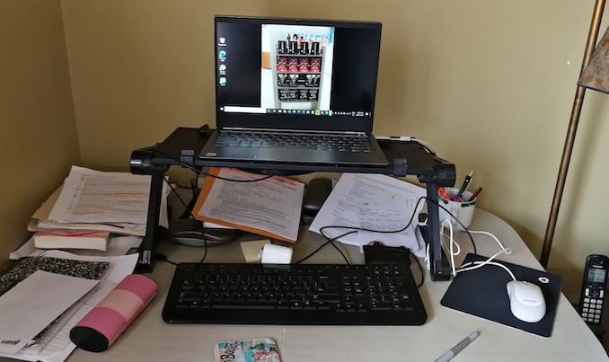 This is my current very messy desk set up. I hope to move back into my home office as soon as my husband goes back to work at his office. For right now I’m sharing the family room with my older son, who’s working from home. My younger son is working / studying in the basement. These are the times we live in.