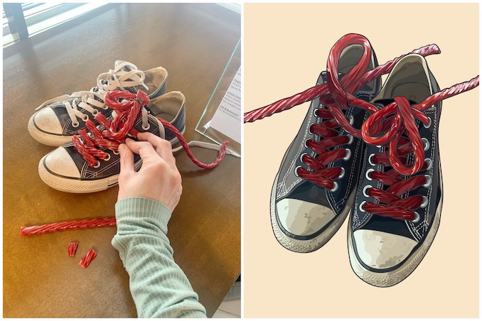 Just another day, turning my shoelaces into licorice to create a photo reference for this digital illustration.