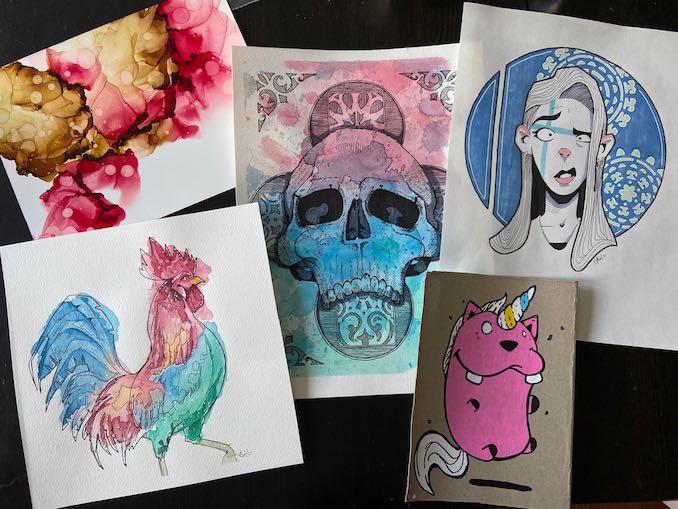 Chad Budyk - These pieces are examples of my more recent experiments with different mediums. Watercolour, alcohol ink and markers, and paint pens.