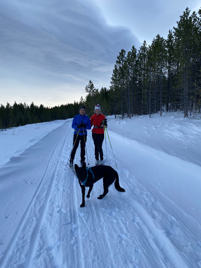 Here I am with my husband John in West Bragg Creek, doing our favourite winter activity, cross-country skiing, with our dog Maisie.