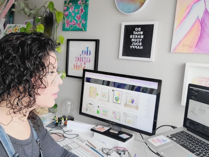 Maya Corona - Maya at the Studio. This is an everyday, checking emails, updating websites, and zoom calls with potential clients editing videos from paintings created, mockups to showcase my work as well as social media scheduling and creation.