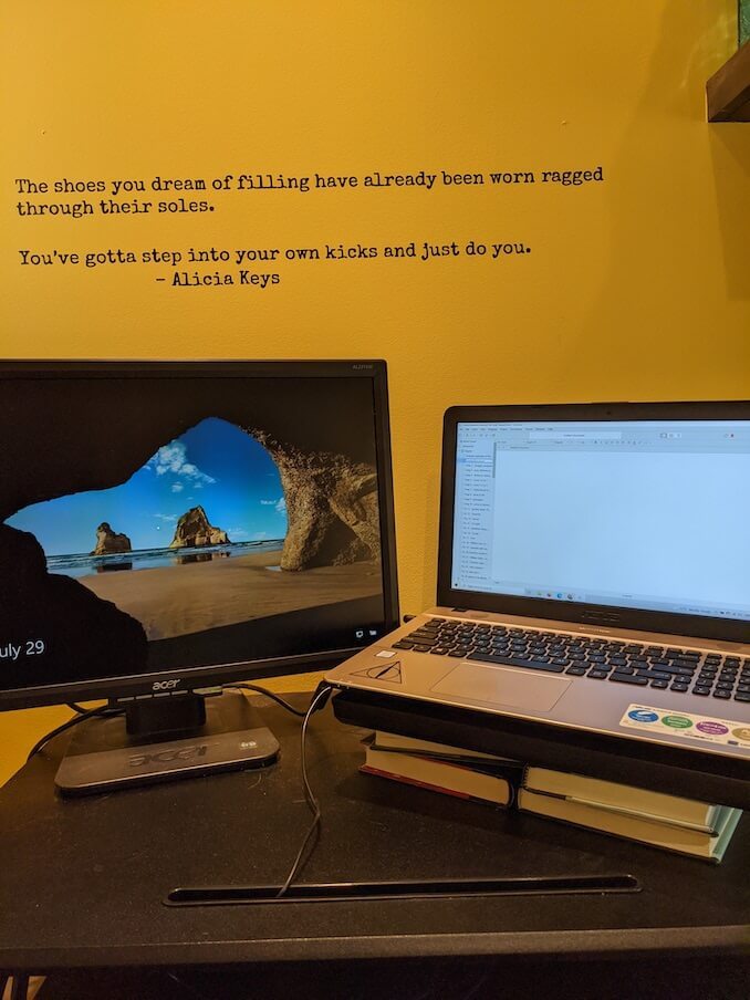 N.L. Blandford - The pandemic means I work from home. I get up an hour early and write. Then I close one laptop and open the other. It may have been more than a year, but books still make a great laptop stand! Daily I find inspiration in the quote from Alicia Keys, from her memoir More Myself. Imposter syndrome can take many authors over, even myself. I try hard to wear my own kicks.
