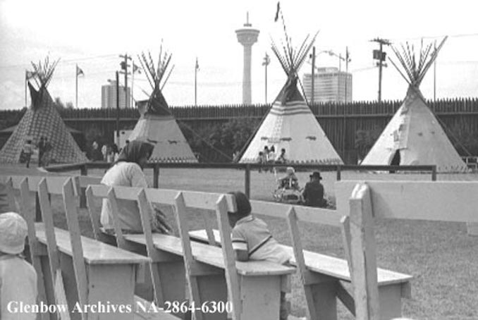 July 1970-First Nations of Alberta tipis with Husky Tower later renamed Calgary Tower in background, Calgary areaAlberta