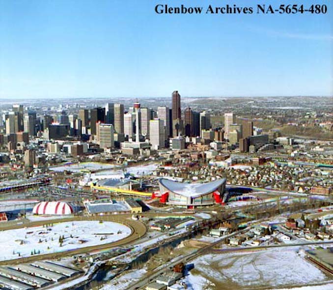 1986-November-Aerial view showing Saddledome, Calgary, Alberta.