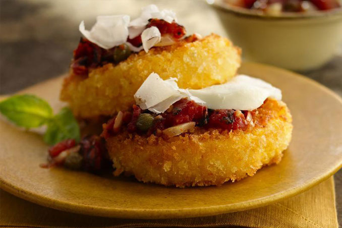 Crispy Polenta with Mozzarella, Parmesan & Roasted Tomato Marinara Recipe