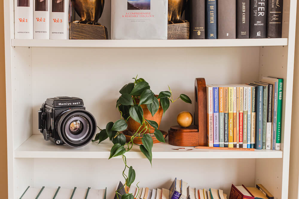 Bookshelf with books from a bookstore