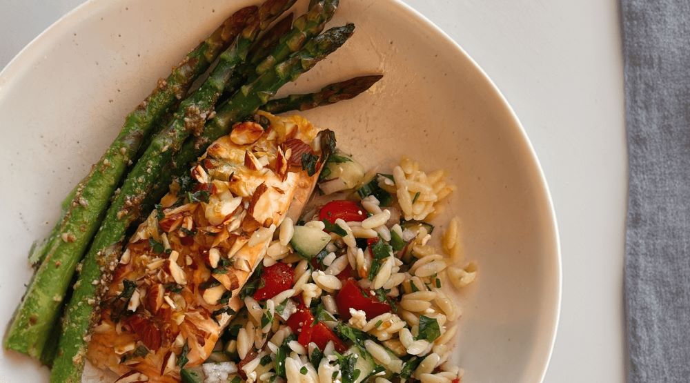 Recipe for Almond-Crusted Salmon, Mediterranean Vegetable Orzo & Lemon Parmesan Asparagus