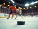 Puck in front of 2 hockey players on the ice.