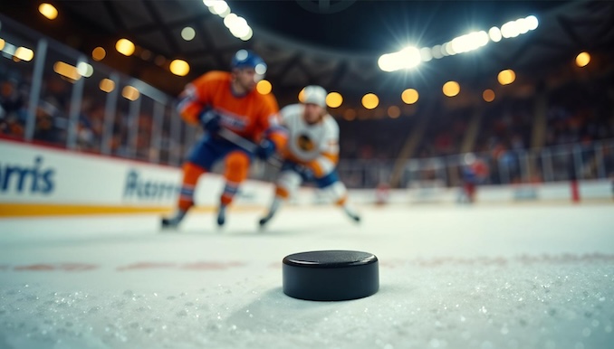 Puck in front of 2 hockey players on the ice.